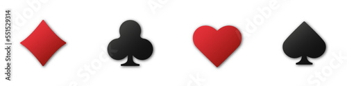 Set collection gambling sign symbol of playing card suits and chips for poker and casino. Hearts, clubs, diamonds and spades on an isolated white background.