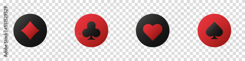Set collection gambling sign symbol of playing card suits and chips for poker and casino. Hearts, clubs, diamonds and spades on an isolated transparent background.
