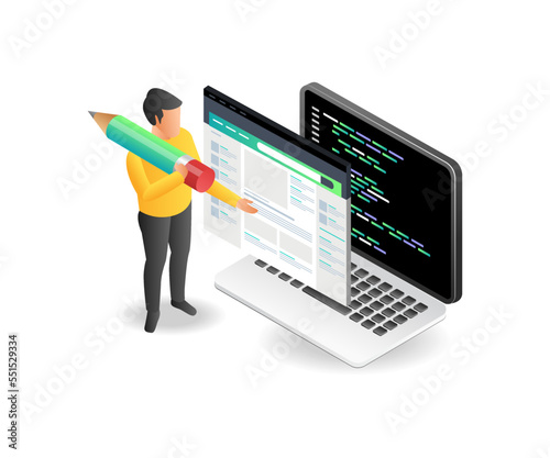 Flat isometric illustration concept of man creating webblog page in programming language