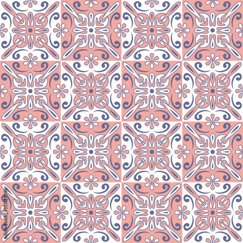 Ceramic tile mosaic, design wall decoration in Arabic Moroccan style, vector illustration. Violet pink lilac pastel color