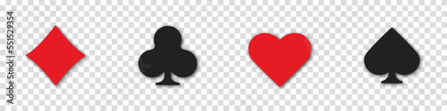 Set collection gambling sign symbol of playing card suits and chips for poker and casino. Hearts, clubs, diamonds and spades on an isolated transparent background.