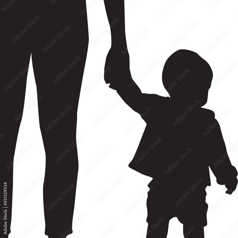 A father hand holding his babies hand and walking on road in sunset time. flat icon.