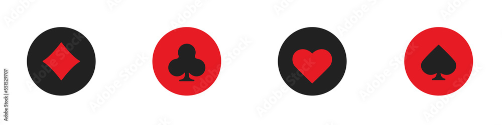 Set collection gambling sign symbol of playing card suits and chips for poker and casino. Hearts, clubs, diamonds and spades on an isolated white background. Set collection gambling sign symbol of playing card suits and chips for poker and casino. Hearts, clubs, diamonds and spades on an isolated white background.
