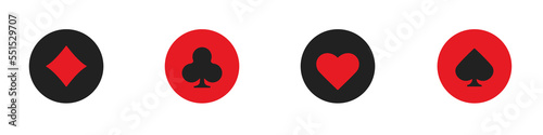 Set collection gambling sign symbol of playing card suits and chips for poker and casino. Hearts, clubs, diamonds and spades on an isolated white background.