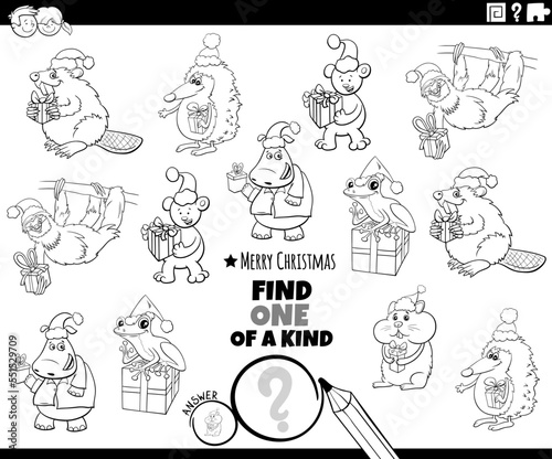one of a kind game with animals on Christmas coloring page