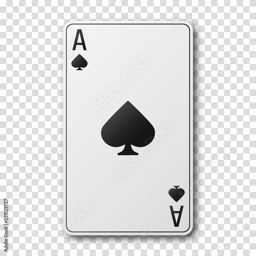 Black and white playing card Ace with a symbol or sign of spades on a transparent background. Vector illustration