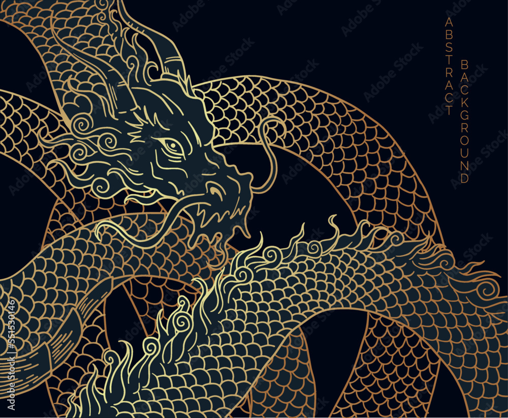 hand drawn japanese vector dragon in black and gold colours Stock ...