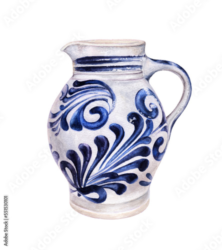 Watercolor illustration of traditional jug of apple wine isolated on white background. German apple wine in an old jug for cider.