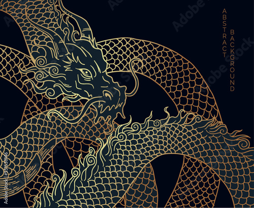 hand drawn japanese vector dragon in black and gold colours