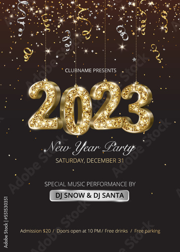New Year party flyer, vector. Holiday poster design. Sparkling golden glitter numbers 2023