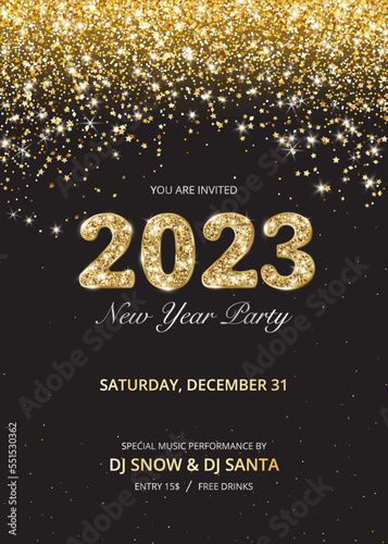 New Year party flyer. Holiday poster design. Sparkling golden glitter numbers 2023