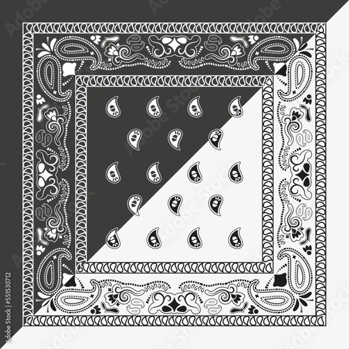 Grey bandana kerchief paisley fabric patchwork abstract vector seamless pattern. 