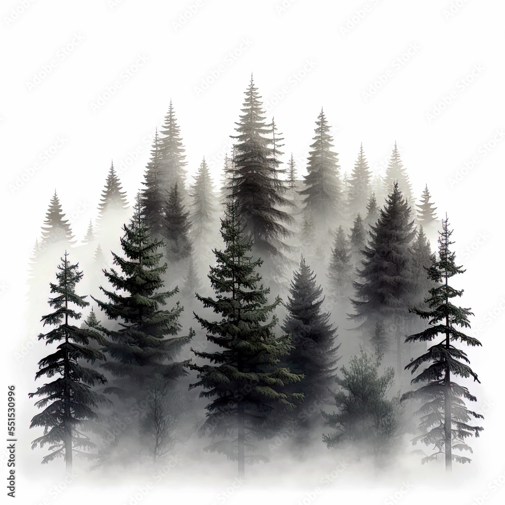 foggy spruce forest. Fir trees isolated on white background foggy spruce forest. Fir trees isolated on white background