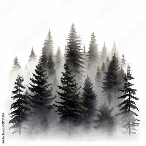 foggy spruce forest. Fir trees isolated on white background