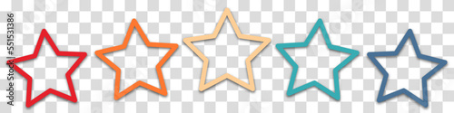 Colorful rating 5 stars in retro style on a transparent background. Feedback concept for mobile app or website. Quality shape design. Vector illustration in 1970s 1980s 1960s style.