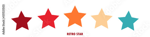 Colorful rating 5 stars in retro style on a white background. Feedback concept for mobile app or website. Quality shape design. Vector illustration in 1970s 1980s 1960s style.