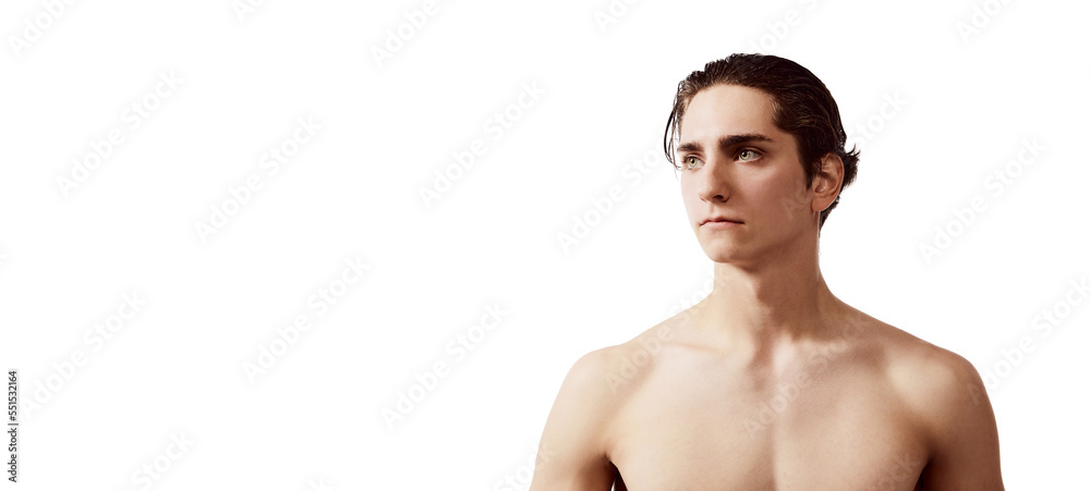 Fototapeta premium Portrait of young man with serious look posing shirtless isolated over white background. Flyer. Concept of male beauty, body and skincare