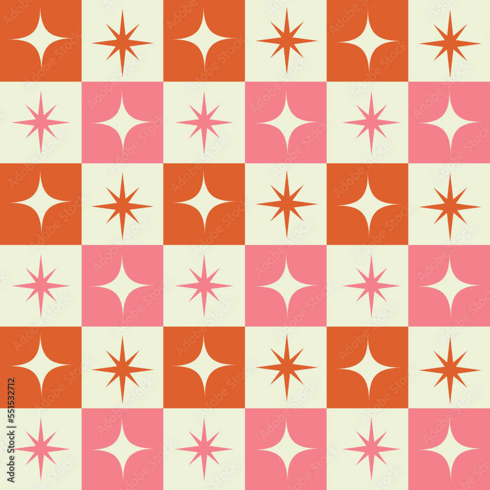 Mid century modern atomic starbursts on pink, orange and white checkerboards seamless pattern. For retro posters, fabric and home décor 