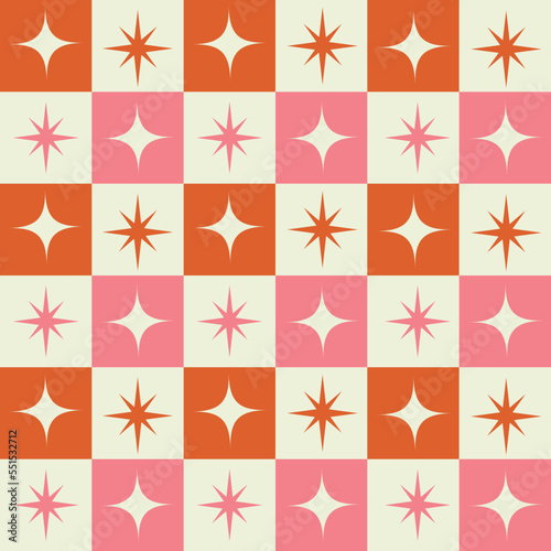 Mid century modern atomic starbursts on pink, orange and white checkerboards seamless pattern. For retro posters, fabric and home décor 