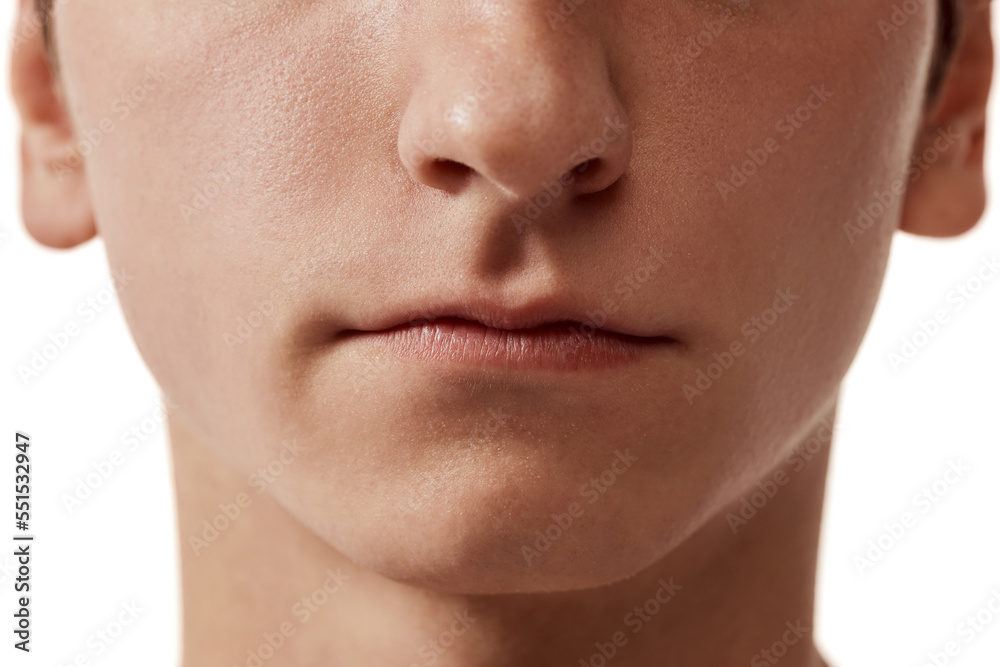 Obraz premium Cropped image of male face, nose and lips over white background. Face cosmetics. Concept of male beauty, skincare