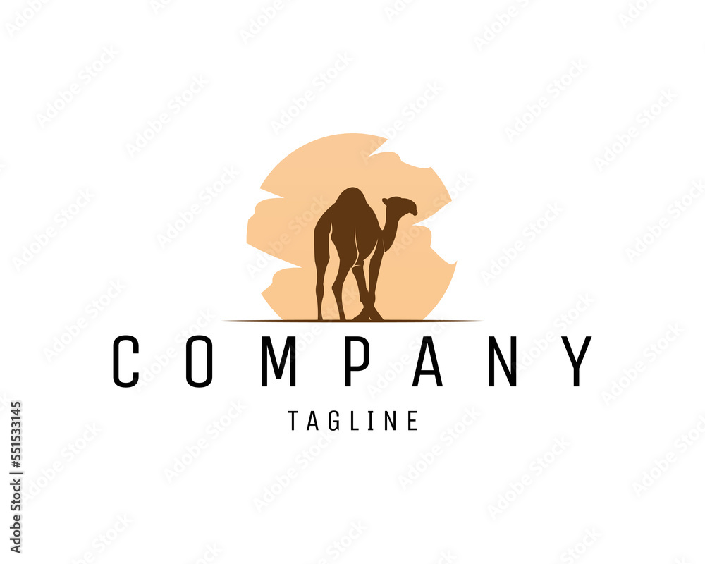 camel logo silhouette isolated on white background showing elegant side view with stunning sunset view. Best for badge, emblem, icon and sticker design.