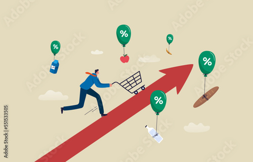 Food prices rising. Effect of the inflation rate on prices. Man pushing a shopping cart following the food price chart arrow. illustration