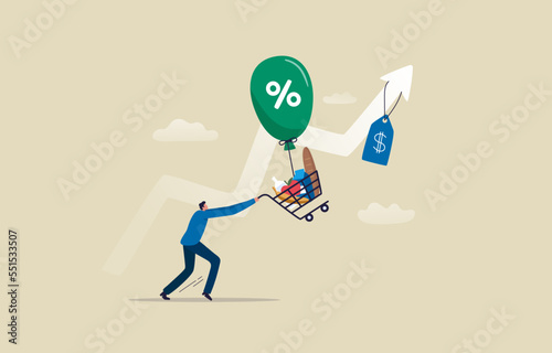 Rising food cost and grocery prices.  Inflation financial crisis concept. a man trying to catch the shopping cart full of food flying away with the inflation bubble. illustration photo