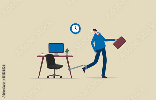 Hard working office workers. Work like a slave. Employees are attached to chains. illustration