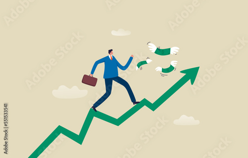 Profitable investment funding stock market income successful. Businessman or investor with briefcase full of money running up ascending arrow. illustration