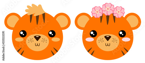 Baby tigers boy and girl. Vector illustration of cute faces of baby animals. Drawing of tiger cub head. Design for children print.
