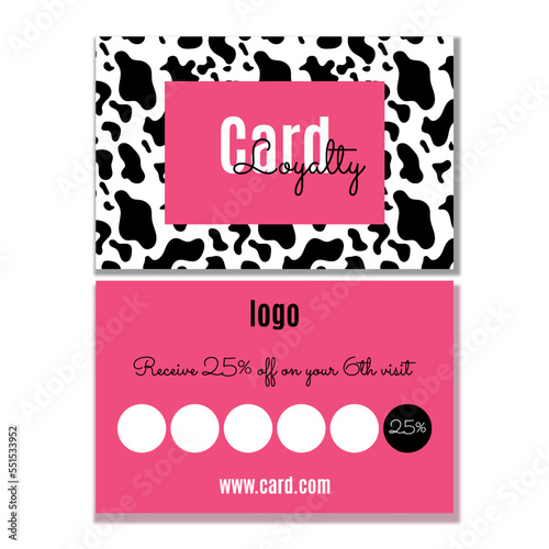 Vector loyalty card template. Pink card for customer with cow print. VIP card with 25% discount for clients of salon or cafe.