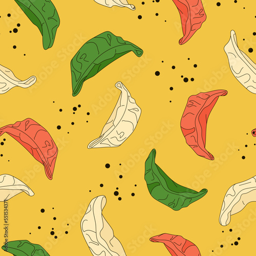 Colorful gyoza with soy sauce splashes seamless pattern. Fried asian dumplings. . Traditional japanese and chinese fast food background. Vector illustration.