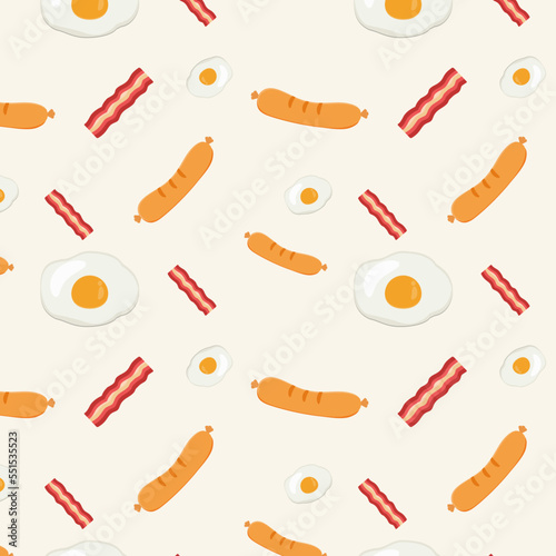 Breakfast food seamless pattern background. Egg, sausage, bacon, Morning breakfast, traditional ornament for fashion textile, cloth, cartoon illustration Vector.