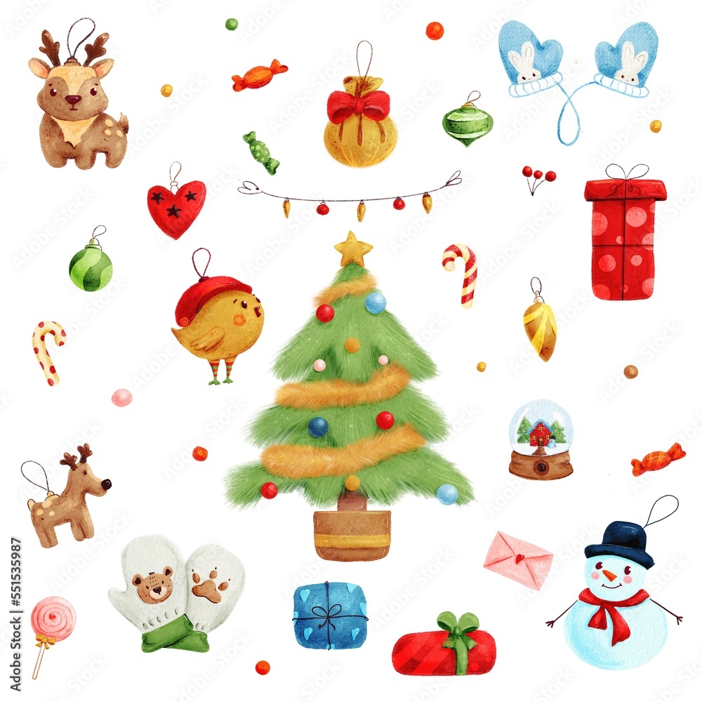 New Year and Christmas set. Cartoon characters. Gifts and holiday sweets