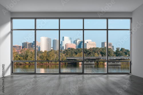 Empty room Interior Skyscrapers View. Cityscape Downtown, Arlington City Skyline Buildings from Washington. Window background. Beautiful Real Estate. Day time. 3d rendering. photo