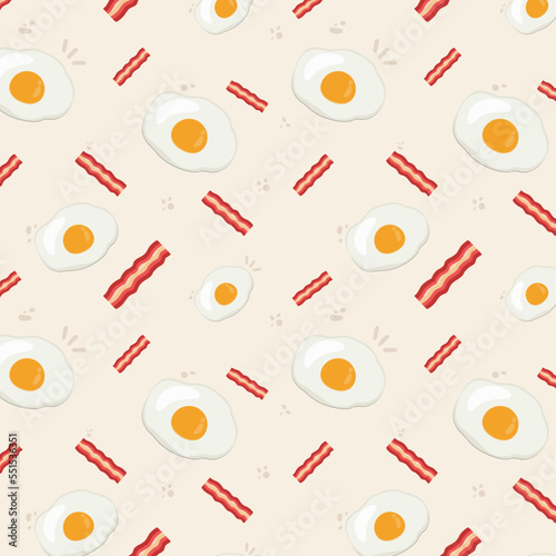 Breakfast food seamless pattern background. Egg, bacon, Morning breakfast, traditional ornament for fashion textile, cloth, cartoon illustration Vector.
