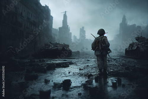 Leinwand Poster Splendid artwork of apocalyptic ruined city landscape devastating war left with destroyed building in battlefield, soldier march toward
