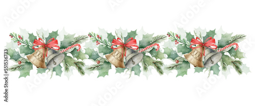 Watercolor vector banner with bells, red bow, lollipop and fir branches.