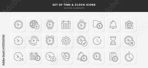 Time data and clock line icon set. Clock icon in trendy flat and line style isolated on background. Icons for date, time, era, duration, period, span, hour, minute, watch, timer, time keeper.