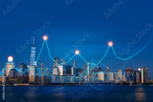 Skyscrapers Cityscape Downtown View, New York Skyline Buildings. Beautiful Real Estate. Night time. Forex Financial graph and chart hologram. Business education concept.