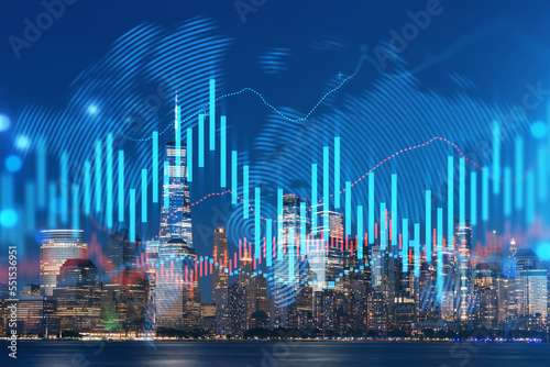 Skyscrapers Cityscape Downtown View  New York Skyline Buildings. Beautiful Real Estate. Night time. Forex Financial graph and chart hologram. Business education concept.