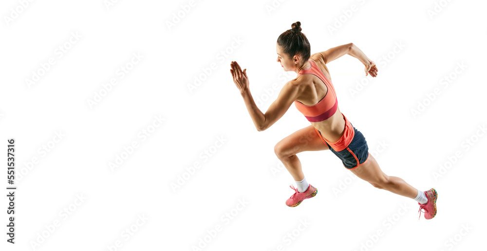 Fototapeta premium One sportive girl in sports uniform isolated over white background. Concept of sport, beauty, action, achievements, hobbies