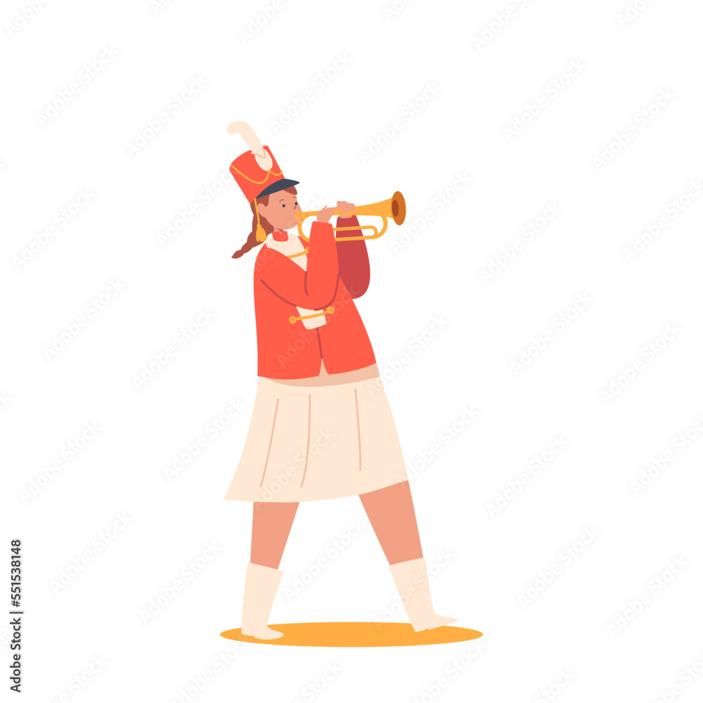 Happy Girl in Uniform Play Festival Music With Horn during Parade Marching, Fair or School Concert. Character with Horn Happy Girl in Uniform Play Festival Music With Horn during Parade Marching, Fair or School Concert. Character with Horn