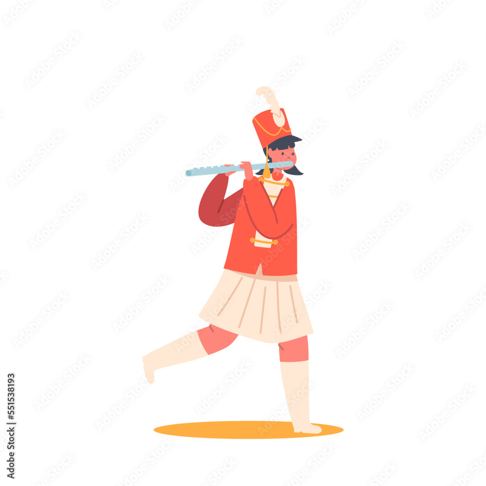 Happy Girl in Red Uniform Play Festival Music With Flute during Parade March, Fair or School Concert Vector Illustration