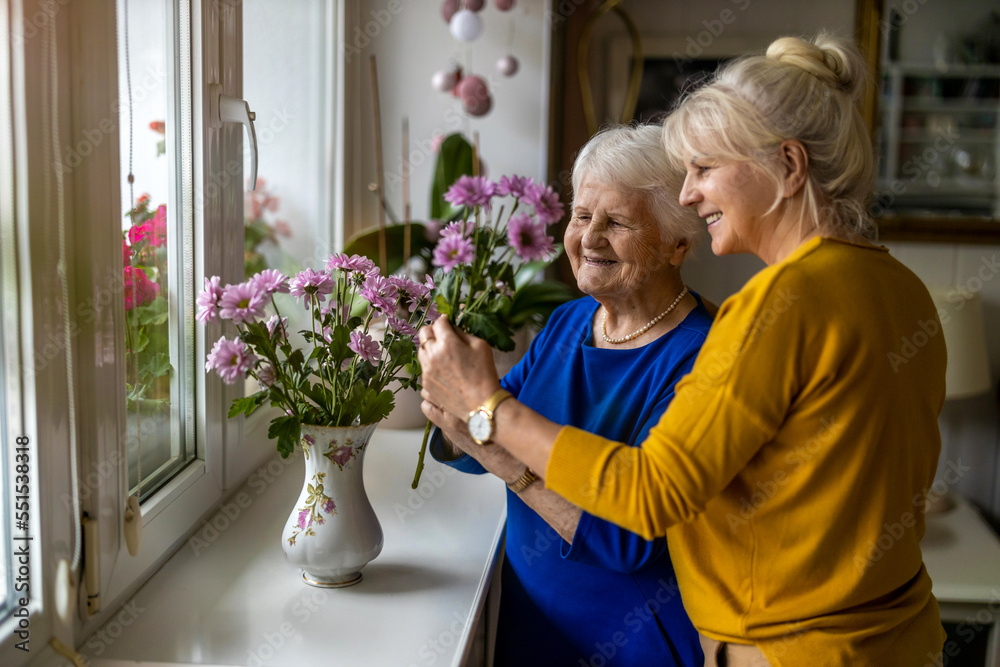 Woman spending time with her elderly mother at home
 - obrazy, fototapety, plakaty 