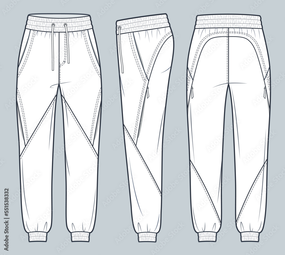 Jogger Pants fashion flat technical drawing template. Sweat Pants technical  fashion Illustration, side pockets, elastic waistband, front, side and back  view, white, women, men, unisex CAD mockup set. Stock Vector | Adobe