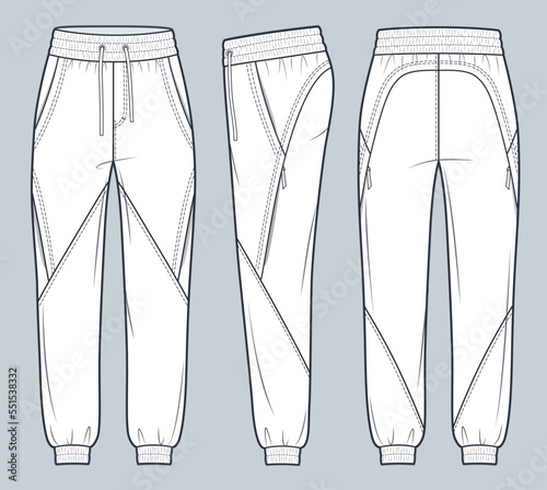 Jogger Pants fashion flat technical drawing template. Sweat Pants technical fashion Illustration, side pockets, elastic waistband, front, side and back view, white, women, men, unisex CAD mockup set.