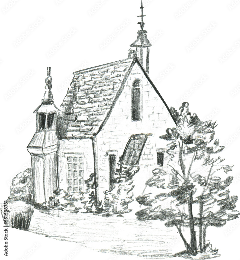 Fototapeta premium Graphic drawing with a simple pencil of the Catholic Church