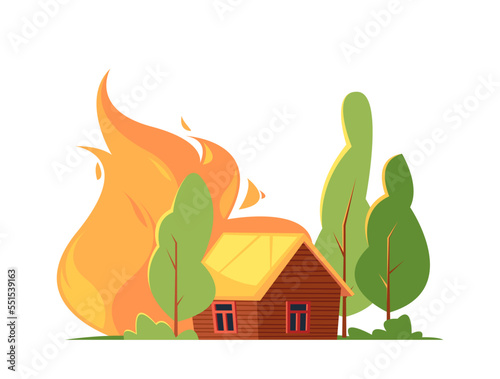 Forest Fire Natural Disaster With Burning Trees And Wooden House. Extreme Insurance Situation, Destruction, Accident