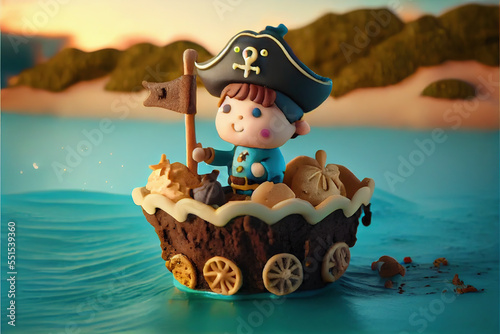 a adorable miniature of a little pirate with pirate treasure on a pirate ship. Selective focus. © Jacques Evangelista
